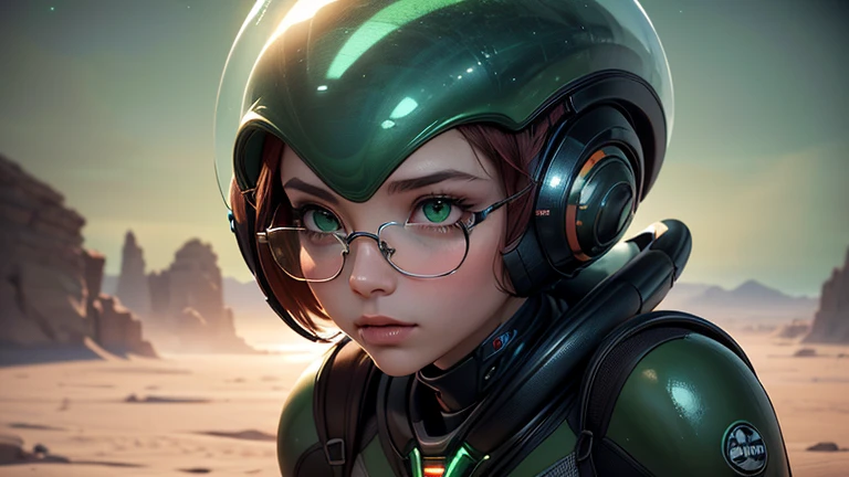 close-up,  upper body . Short, red hair, green eyes,  metal-framed glasses , chemical protection suit , girl . (masterpiece, top quality,  Best quality , Official art,  beautiful and aesthetic :1.2),  extremely detailed ,( fractal art:1.2),Colorful,The mos...