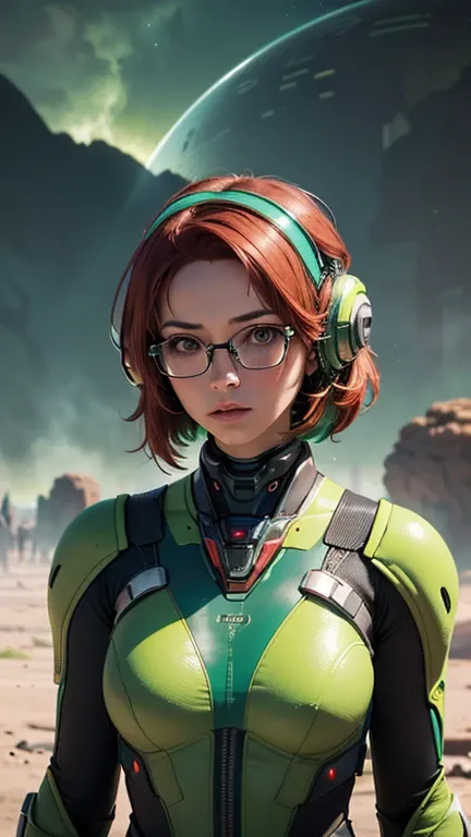 close-up,  upper body . Short, red hair, green eyes,  metal-framed glasses , chemical protection suit , girl . (masterpiece, top quality,  Best quality , Official art,  beautiful and aesthetic :1.2),  extremely detailed ,( fractal art:1.2),Colorful,The mos...