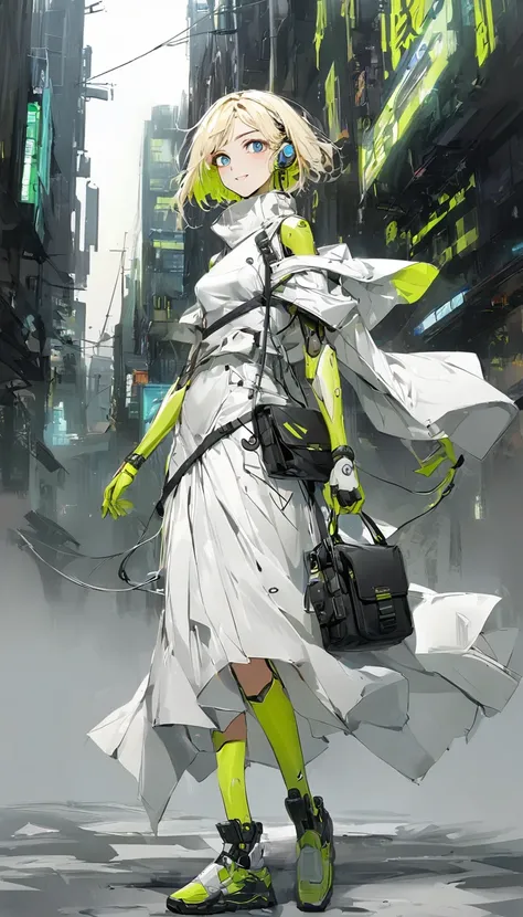 White City.( machine body)。eyebrow。 High image quality 。。((alone))Simple line drawing。sketch。(( blue eyes ,Vertical dark eyes ))。Droopy eyes。Strong winds。( yellow-green short hair )。short hair。Messenger Bags。smile。(( android woman ))Earphones。cyberpunk whi...