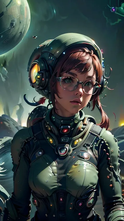 close-up,  upper body . Short, red hair, green eyes,  metal-framed glasses , chemical protection suit , girl . (masterpiece, top quality,  Best quality , Official art,  beautiful and aesthetic :1.2),  extremely detailed ,( fractal art:1.2),Colorful,The mos...