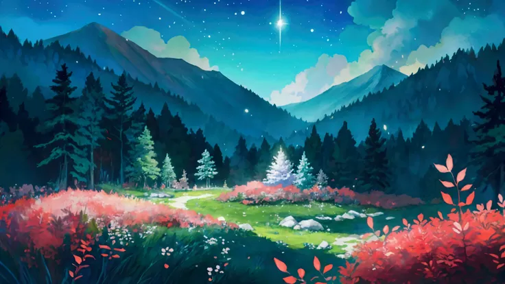 Glowing Forest Cozy Day Sparkling ,morning , Lofi anime style , landscape , natural , Small, beautiful, glowing flowers, mountain