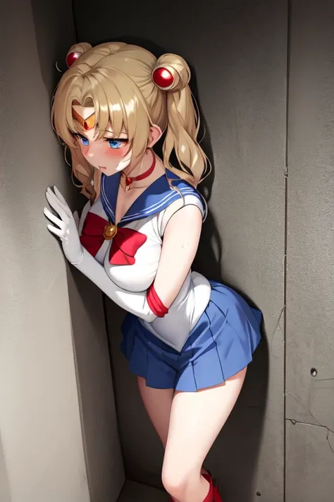 masterpiece, high definition, best quality, rendered art, well formed hands, fingers and body, 1 woman, solo, sailor moon , adult, grown up, twin tails, blonde, big breasted, cleavage, full body, , sexy sailor senshi uniform, short blue skirt, red boots, g...