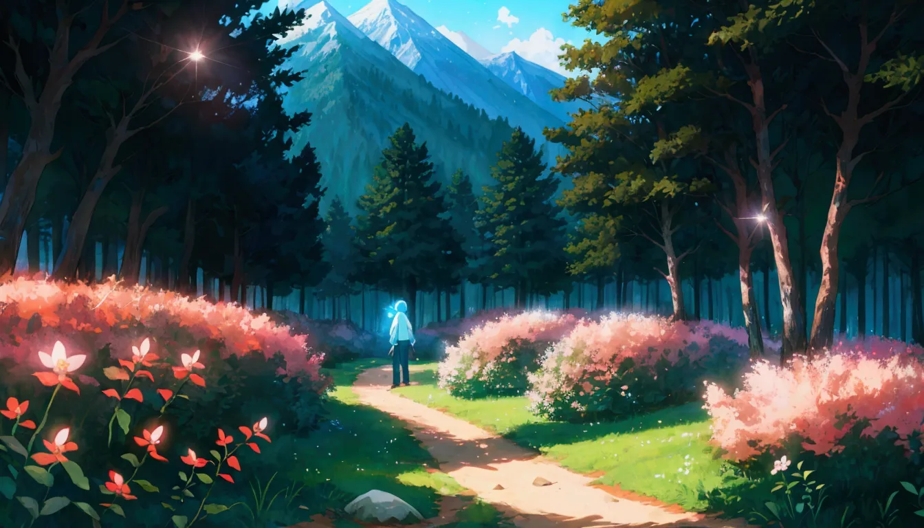 glowing forest cozy day sparkling ,morning , lofi anime style , landscape , natural , small, beautiful, glowing flowers, mountai...