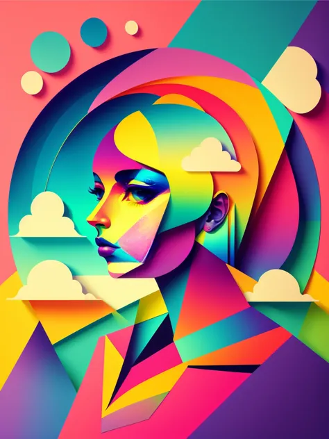 1 girl，abstract surreal colors，stylish geometric surrealism，rainbow，paper cutting，clouds