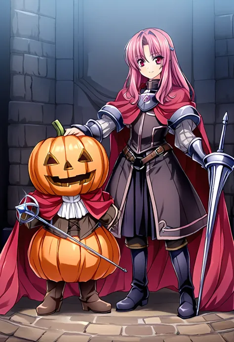 cute pumpkin head(2 heads、the attire of medieval european aristocrats、red cape、boots、has a rapier）