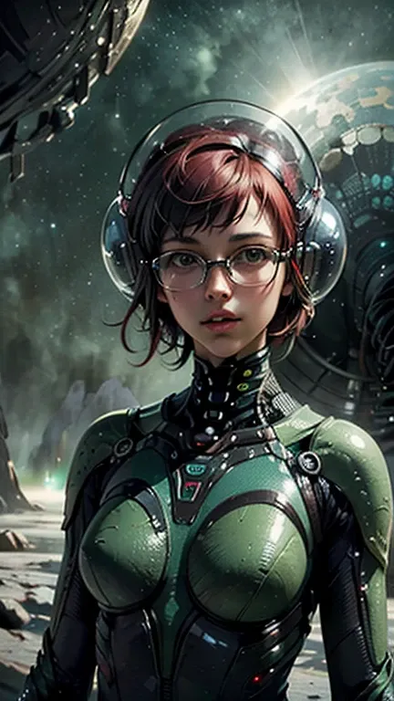 close-up,  upper body . Short, red hair, green eyes,  metal-framed glasses , chemical protection suit , girl . (masterpiece, top quality,  Best quality , Official art,  beautiful and aesthetic :1.2),  extremely detailed ,( fractal art:1.2),Colorful,The mos...