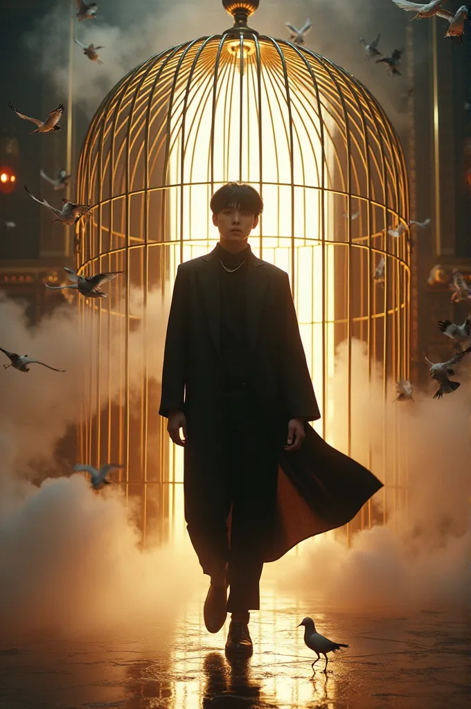 man korean handsome Wearing a dark black fashion dress, black leather shoes, walking out of a giant golden birdcage,And there were flocks of white and black birds flying past, and there was white, black and red smoke,And a bright white neon light shone faintly in the magical room.