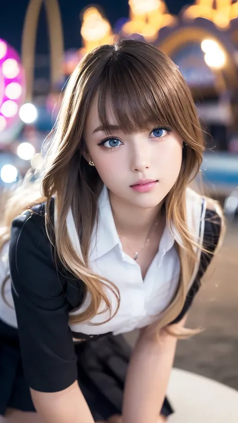 1girl,((high school student)),((High school girl photos)),(( high school uniform :1.2)), white shirt ,((amusement park)),Night view,illumination, blue eyes ,Distant eyes,( platinum blonde ), long hair,Inward curls, Full Body Shot , sexy face, perfect propo...