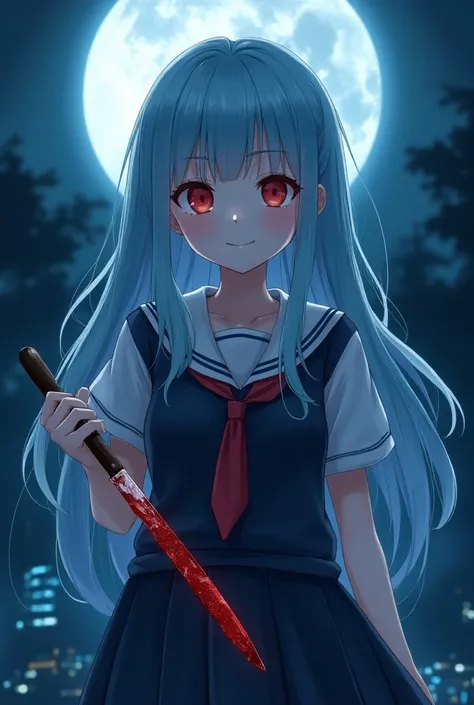 Female, anime, long haired,  light blue hair color, red eyes, school clothes, smile. 
In the night holding a knife filled with Blood. 