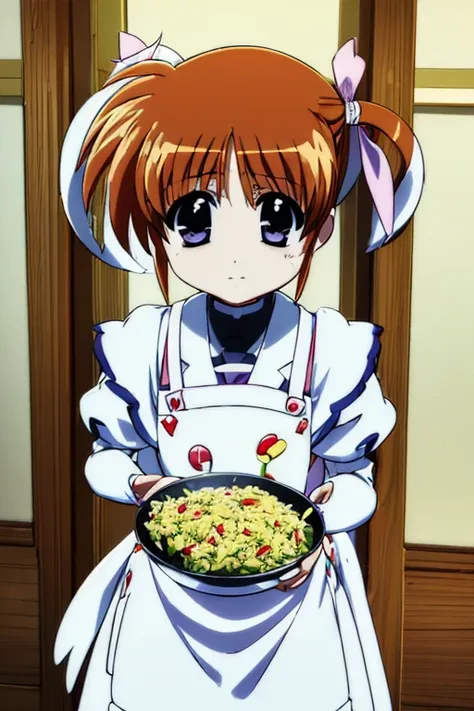 ((( puella magi lyrical nanoha · takamachi nanoha · kitchen/frying pan。stirring fried rice · cooking while wearing an apron )))