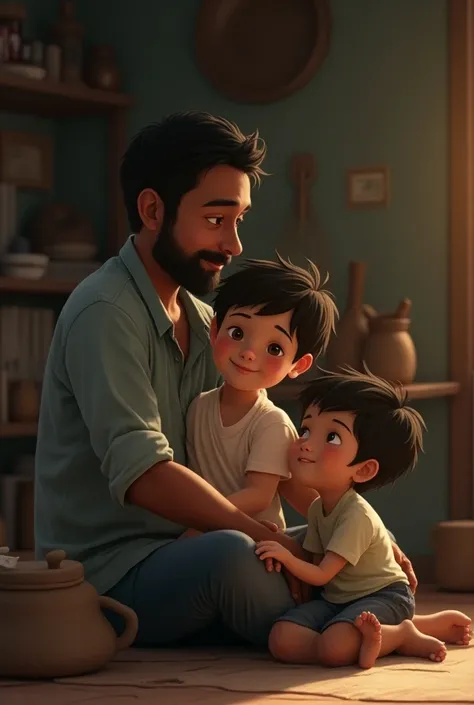 2. A Fathers Dream: Ramu sitting with his young son at their modest home, looking at him lovingly, full of hope. The background shows the simple household items and rustic charm, with Ramu’s face showing dreams for his son’s future.