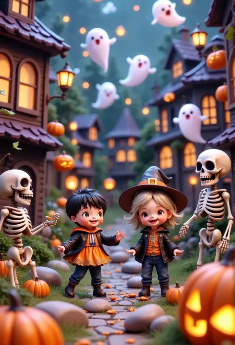 micro landscape。halloween music festival。adorable kids and skeletons。pumpkins and ghosts。