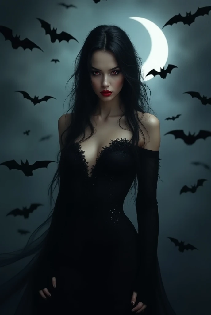 Sexy black vampire girl with a moon and flying bat in the background