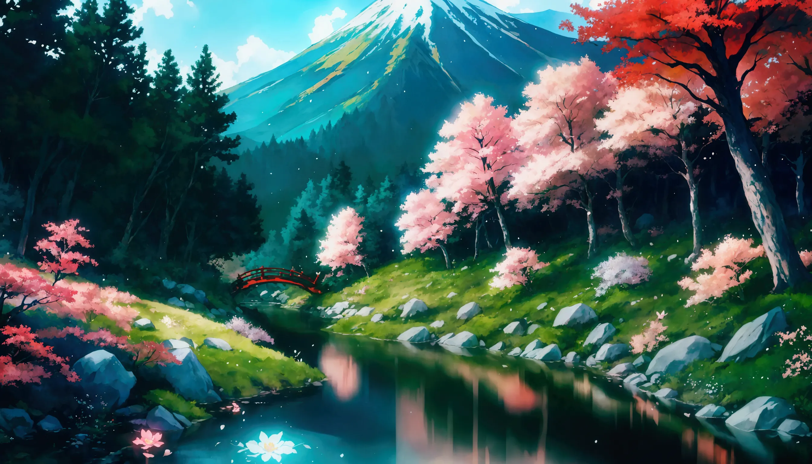 glowing forest cozy day sparkling ,morning , lofi anime style , landscape , natural , small, beautiful, glowing flowers, mountai...