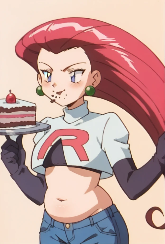 2D Jessie rocketteam from pokemon anime gained some weight and got chubby, retro, slim upper body, plump lower body, chubby belly, detailed belly curves, wearing a tight jeans, bikini top, jeans button doesnt close, eating a cake from the fridge at night,