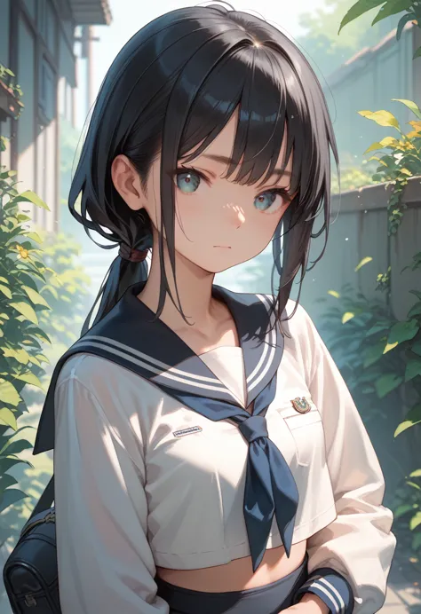 masterpiece,best quality,ultra detailed,highres,Long Hair,Low Ponytail,Black Hair,Small breasts,Sailor suit