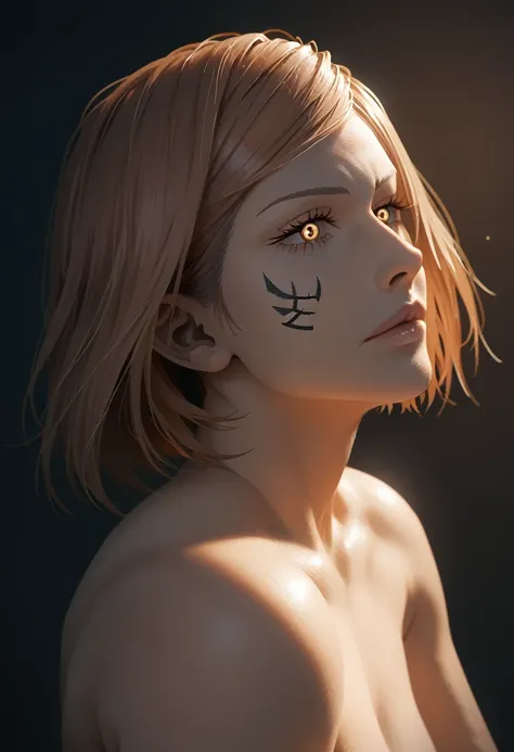 Nobara from jujutsu kaisen, naked, beautiful detailed eyes, beautiful detailed lips, extremely detailed face, long eyelashes, detailed hair, detailed skin, delicate feminine features, dynamic pose, detailed anatomical features, hyper-realistic, 8k, masterp...