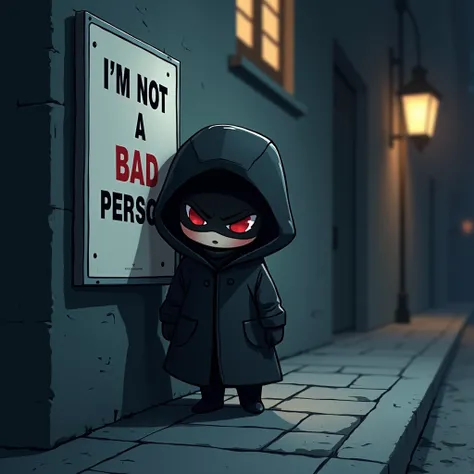 A poster on a street corner reads, "Im not a bad person." A cute, chibi-sized secret agent character in a black hooded coat blends in with the poster on a suspicious street corner at night and hides himself.