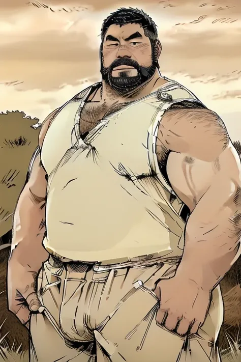 ((upper body:1.5)) 1 Japanese middle-aged man stands in the center,very short hair,asians,stubble,fat,he is located in grassland and big road,He outfit was cool,he is hard worker, bear style bearstyle, huge nice bulge, very short goatee, thick body, 