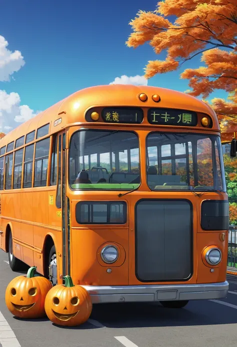 A bus with a pumpkin body, anime, UHD, super detail, high details