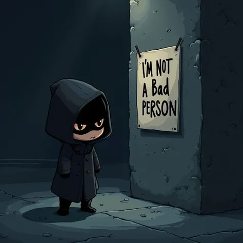 A poster on a street corner reads, "Im not a bad person." A cute, chibi-sized secret agent character in a black hooded coat blends in with the poster on a suspicious street corner at night and hides himself.