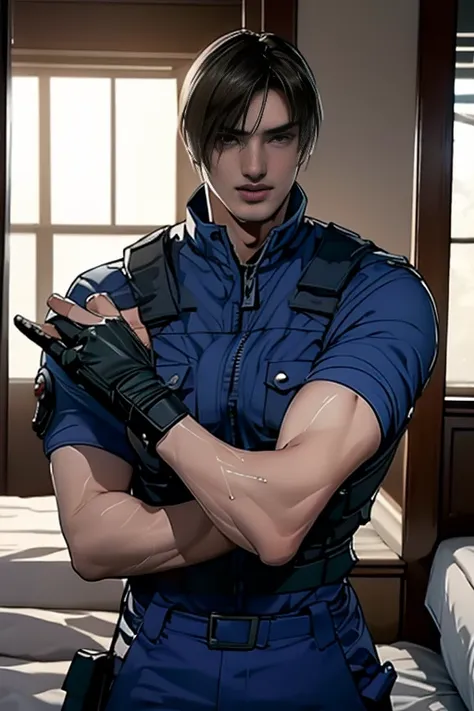 (highly detailed cg), ( best quality ), (leon s. kennedy), (overall view) huagai ,swat clothing,  beauties, 18 years old,  lean ...