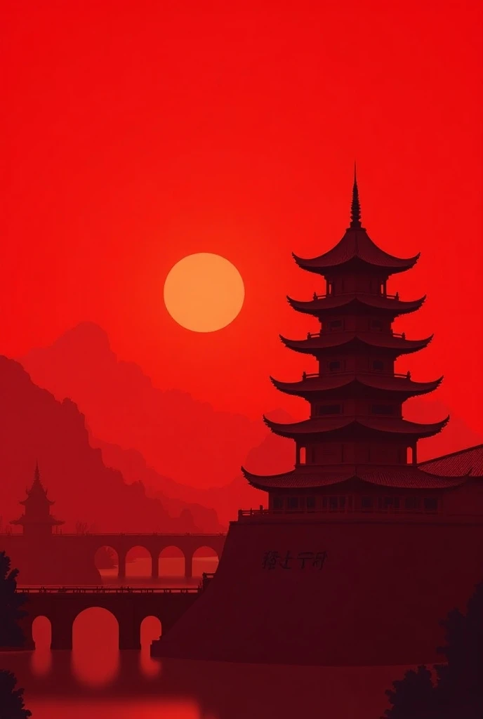  red background ，There must be a Xian city wall or Big Wild Goose Pagoda on it