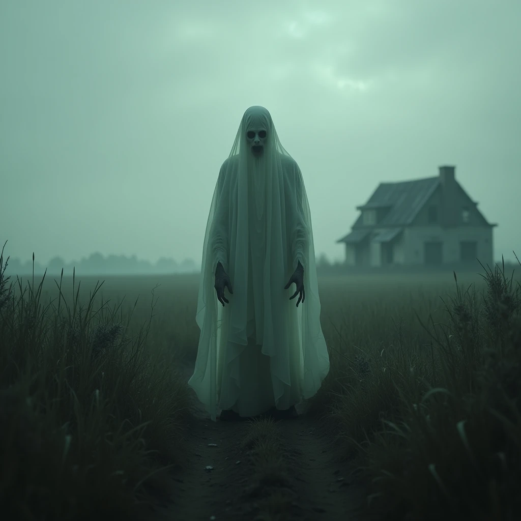 a filed that by scary ghost ( cinematic, realistic, scary ghost, ,Myanmar vibe, worm color)