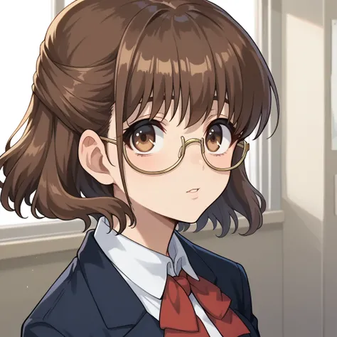 score_9, score_8_up, score_7_up, score_6_up, score_5_up, score_4_up,1girl, brown eyes, brown hair,  medium hair, glasses, red bowtie, school uniform ブレザー break masterpiece, best quality, 8k, hyperrealistic, extremely detailed, anatomically accurate, highly...