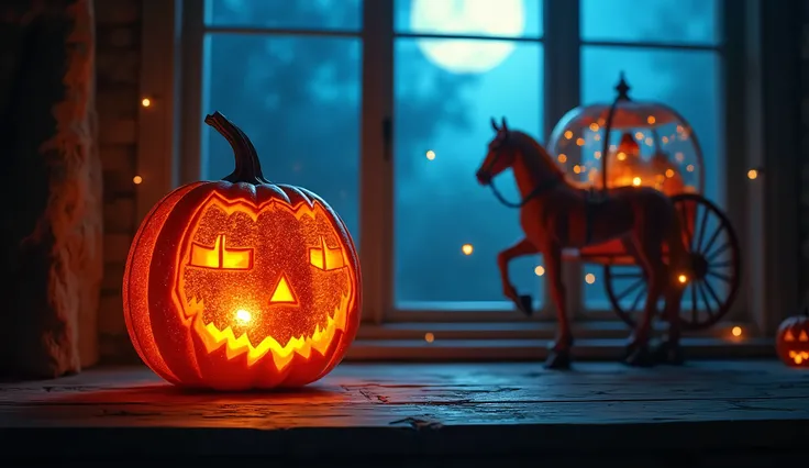 a pumpkin lantern, realistic horse-drawn carriage design, extremely high translucency with vivid colors, Cinderella fairytale story, very dark midnight, stained glass workshop anniversary project, placed by the window overlooking the azure moon, lighting t...