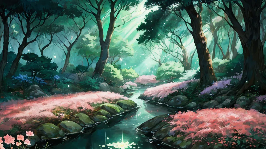 glowing forest cozy day sparkling ,in the morning , lofi anime style , landscape , natural , small, beautiful, glowing flowers, ...