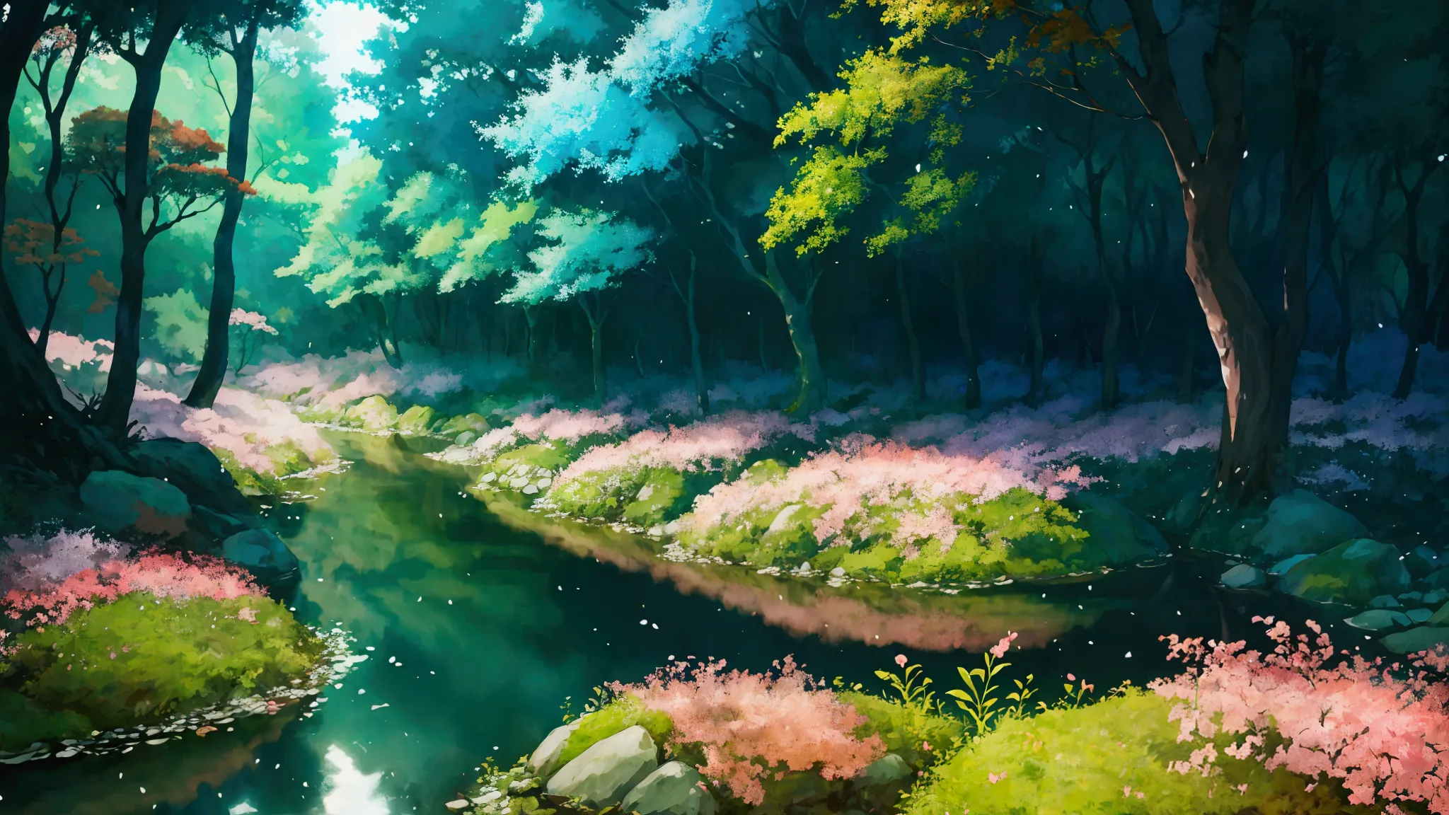 glowing forest cozy day sparkling ,in the morning , lofi anime style , landscape , natural , small, beautiful, glowing flowers, ...