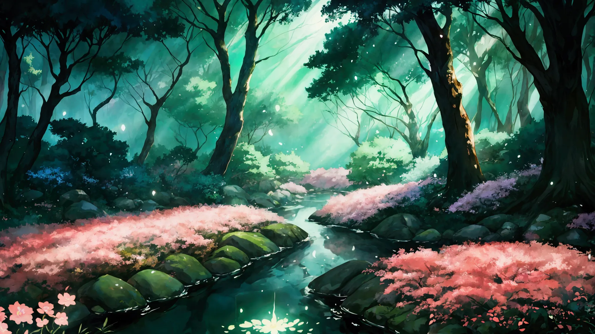 glowing forest cozy day sparkling ,in the morning , lofi anime style , landscape , natural , small, beautiful, glowing flowers, ...