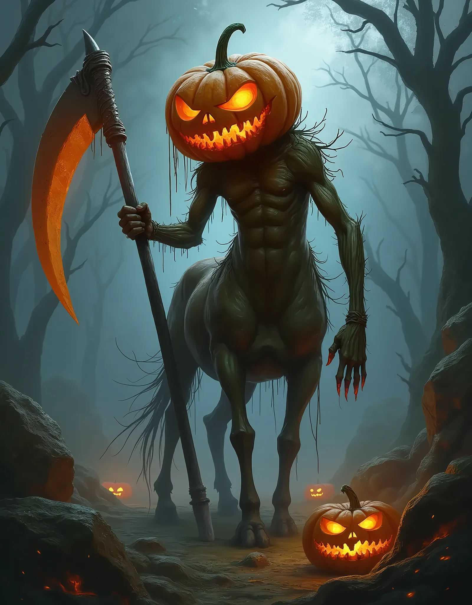 splash art, digital artwork, dark fantasy, horror vibe, a centaur with a pumpkin head, head is pumpkin, human body, holding a scythe, mythology creatures