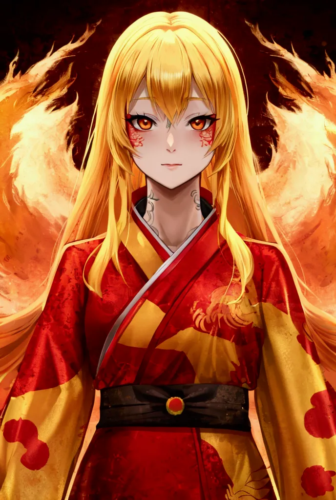 anime female kitsune with blonde hair and red tattoos