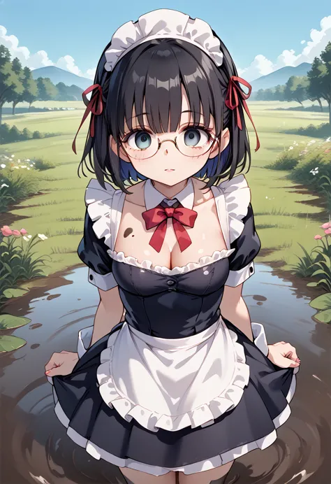 black hair,glasses,droopy eyes,  i cry with my eyes open, maid uniform,covered in mud