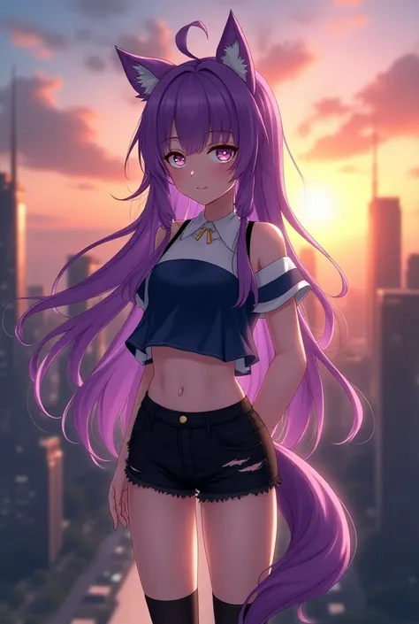  Create a female anime and manga character , with 1,65 tall, with long purple hair, violet eye color ,  she will have wolf ears and a wolfs tail the same color as her hair,  a short dark blue and white blouse ,  short ripped black shorts ,   knee-length bl...