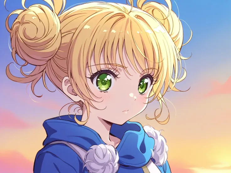 simoun, aeru \(simoun\), blonde hair, short hair, messy twin bun, green eyes, score_9, score_8_up, score_8, source_anime, master...