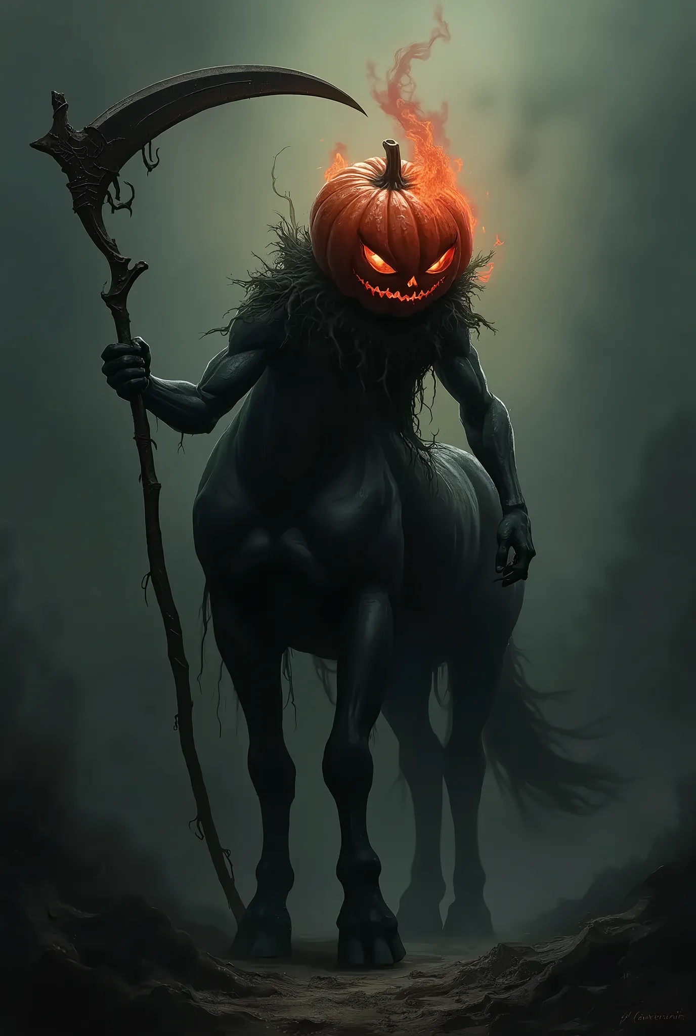 splash art, digital artwork, dark fantasy theme, horror vibe, a centaur with a pumpkin head, his head is pumpkin, holding a scythe, glowing red flame in pumpkin head, surrounded by dark smoke, mythology creatures, intricate detailed, HD Wallpaper