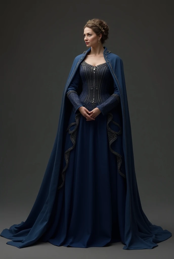 A lady Wearing a dark blue gown with large elbow clothing and a blue decorated cloak on the back. Like a queen facing 45° right with hands locking each other on the front