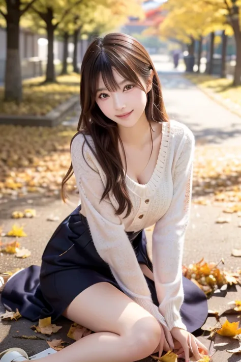 japanese model sitting on a yellow fallen leaf,  cute young woman, in the fall,  covered with fallen leaves,  japanese girls who...