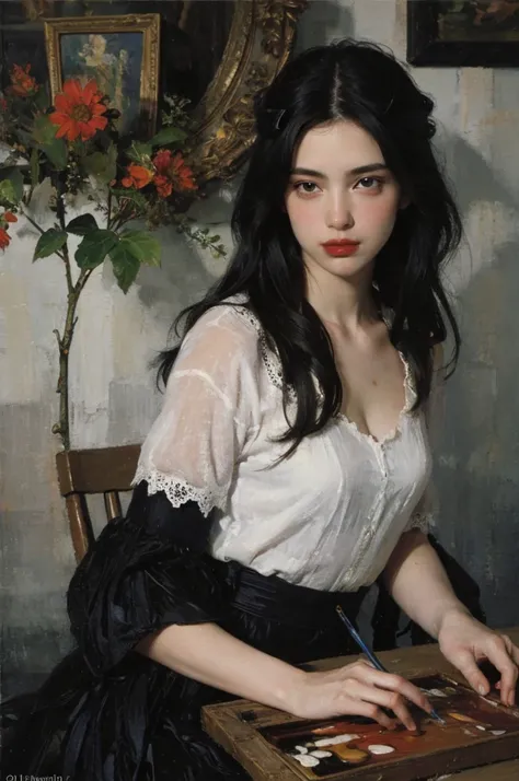 (Oil painting: 1.5),



A woman with long black hair, (a detailed painting: 0.353), (Gothic art: 0.106), Dress