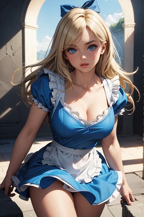 realistic 1.2,  in the style of artgerm and adam hughes, is she standing,  eyuma sexy alice in wonderland, blue ribbon mana head...