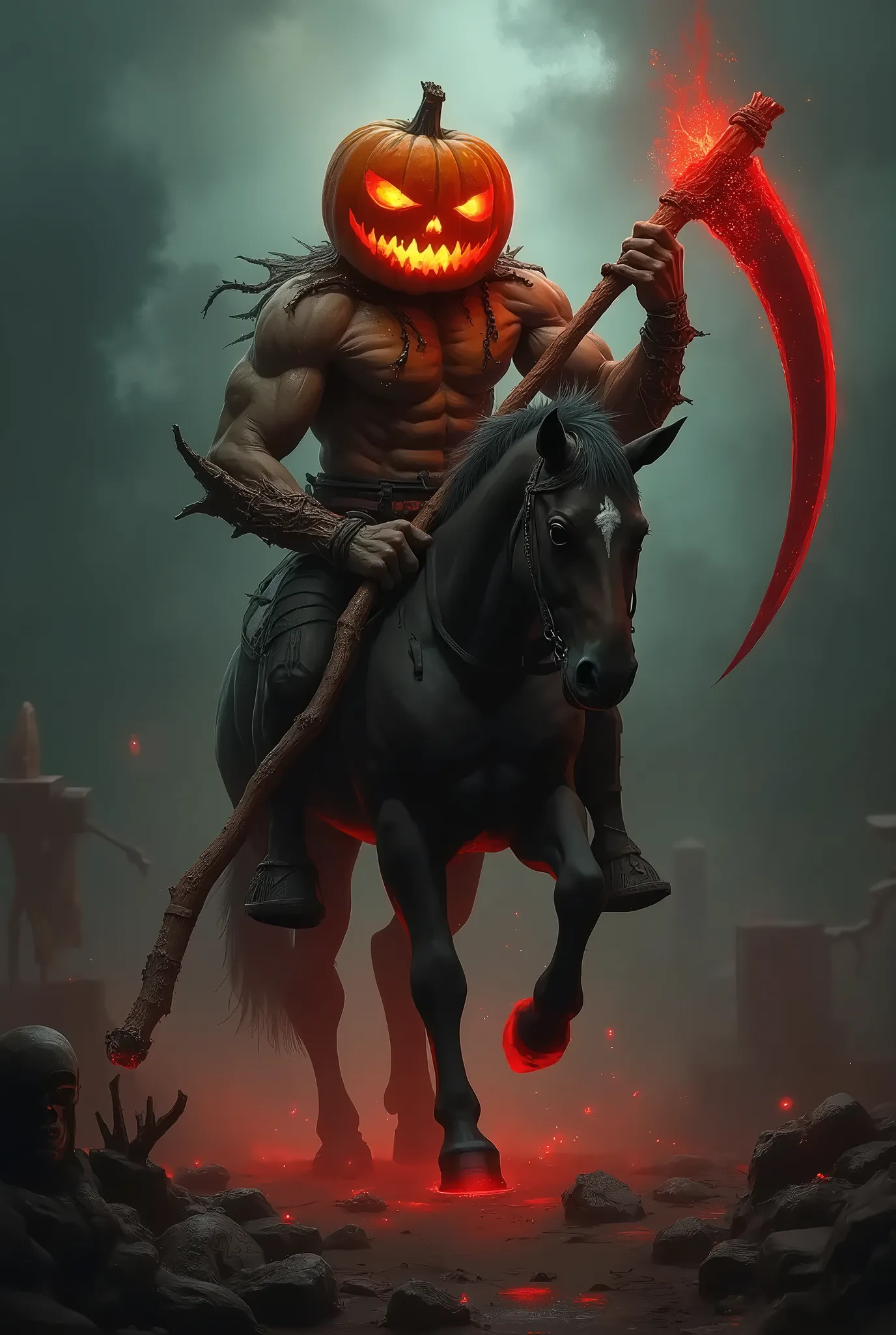 splash art, digital artwork, dark fantasy, horror vibe, a centaur with a pumpkin head, his head is pumpkin, holding a scythe, glowing red flame in pumpkin head, dark smoke surrounded, mythology creatures, intricate detailed