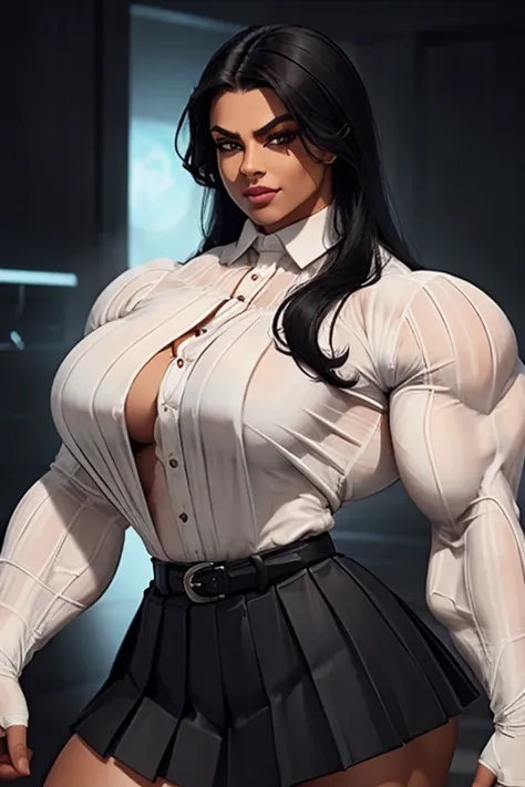 ((Close-up)), tall, (jet black hair) beautiful muscular woman, long straight hair, light brown skinned, closed smile, (black lipstick), (massive muscles), (hyper muscle), ((ginormous bulky muscles)), ((glowing white eyes)), (((((long sleeve white pleated s...