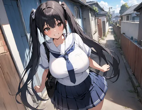 the background of a solo standing figure is a composition seen from a distance in a residential area, black hair, twin tails, me...