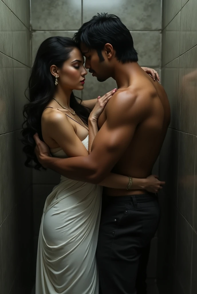 Hot slim big butt woman in tight white saree secretly kissing a hot, muscular indian man in a public toilet