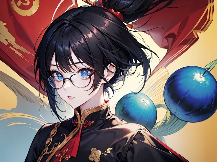 Glasses girl　 girl　 black hair short hair　Blue Eyes　Red Chinese clothing