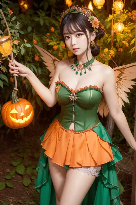 portrait photograph of a korean idol dressed as a pumpkin fairy, her outfit featuring a corset top with pumpkin orange and green...