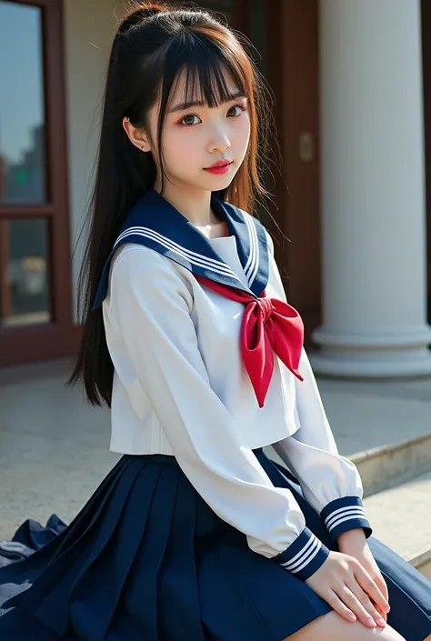 (masterpiece, best quality:1.2), 1girl, solo, wearing sailor uniform, cute expression, detailed uniform, sailor collar, pleated ...